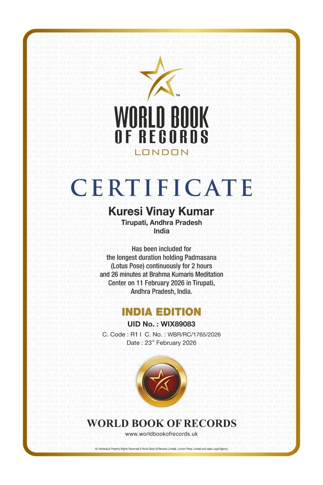 World Book of Records (WBR) Certificate