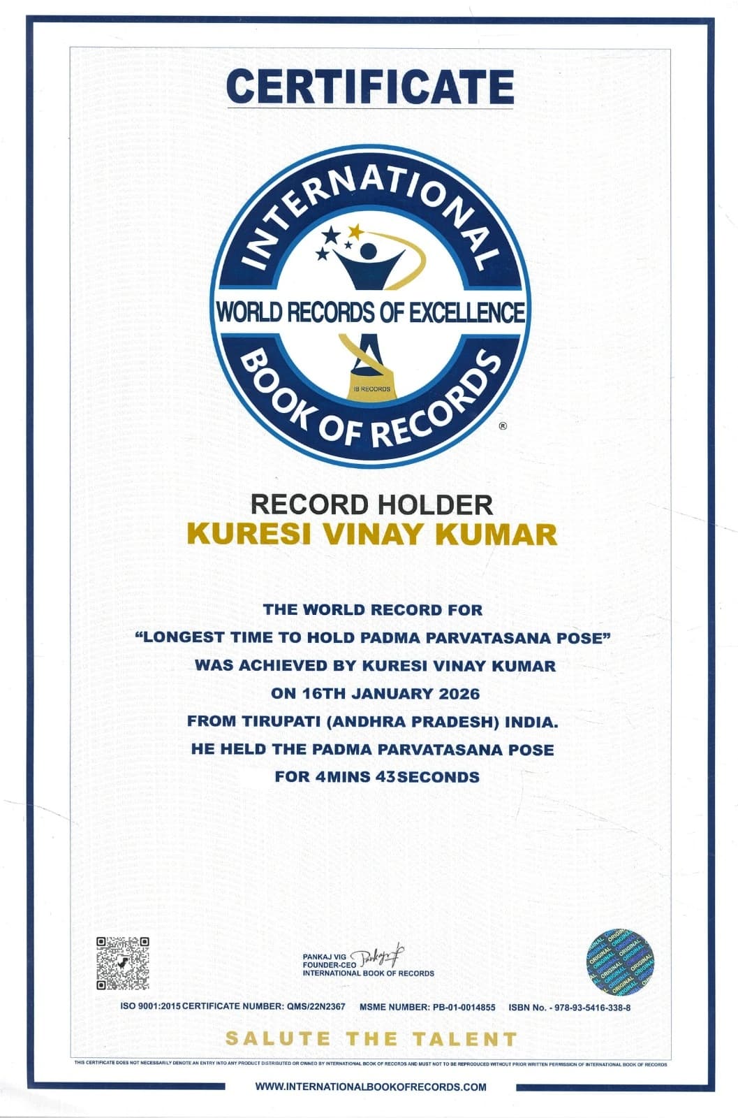 International Book of Records (IBR) Certificate